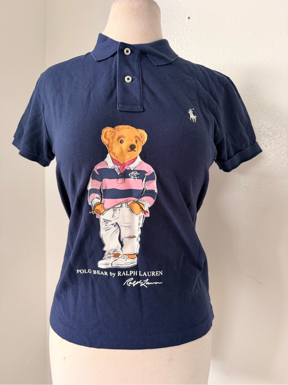Polo by Ralph Lauren Navy Polo with Bear Graphic and Pink Stripes